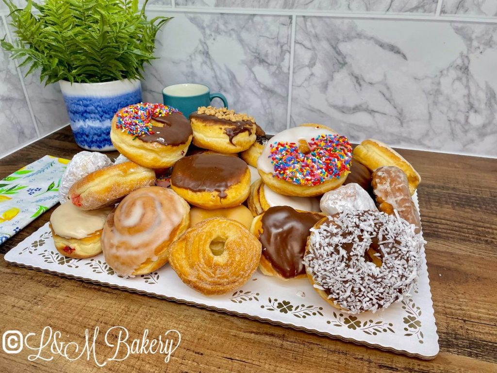 Donut board on a wooden table.